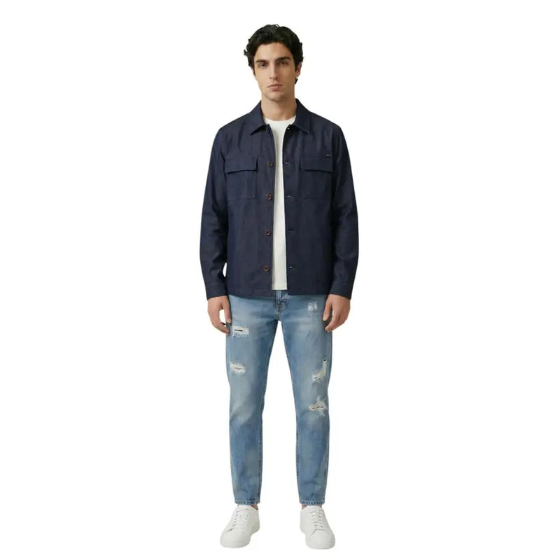 Marineblau gianni lupo Herrenhemd mit klassischem Kragen und zwei Brusttaschen aus hochwertigem Stoff