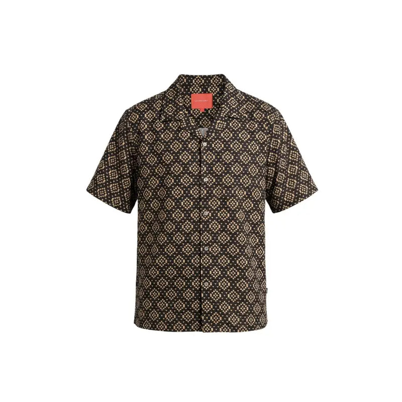Gianni Lupo Herrenhemd mit dunkelbraunem, kurzärmeligem Design und Knopfleiste sowie beigefarbenem geometrischem Muster