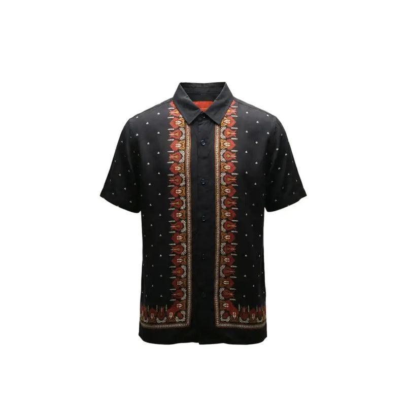 Gianni Lupo Schwarzes Herrenhemd mit kurzen Ärmeln, Knopfleiste in Rot und Gold mit Stickerei und weißem Punktmuster