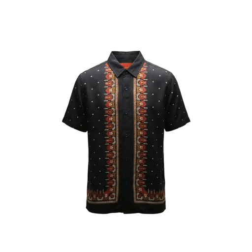 Gianni Lupo Schwarzes Herrenhemd mit kurzen Ärmeln, Knopfleiste in Rot und Gold mit Stickerei und weißem Punktmuster