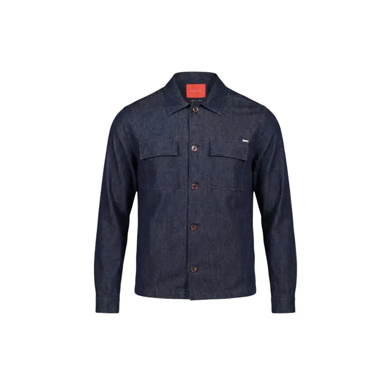 Gianni Lupo Herrenhemd, dunkelblaue Jeansjacke mit zwei Brusttaschen und braunen Knöpfen aus Denim-Material