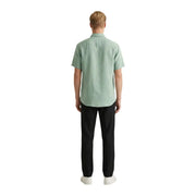 Gianni Lupo men shirt light green short-sleeved button-up made of textured fabric worn with black trousers