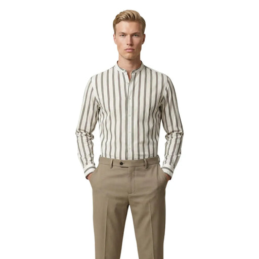 Gianni Lupo men shirt long-sleeved button-up with cream and dark gray vertical stripes and a stand collar