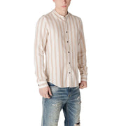 Gianni Lupo men’s beige and cream vertical striped long-sleeved button shirt with mandarin collar
