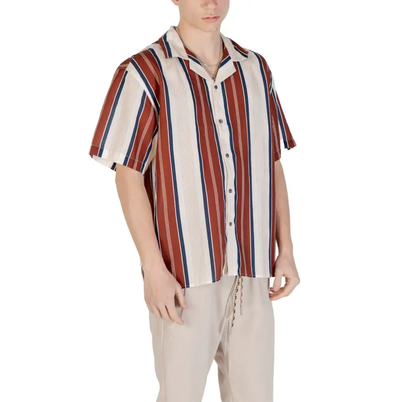 Men’s cream and brown striped short-sleeve linen shirt with a square neckline by Gianni Lupo