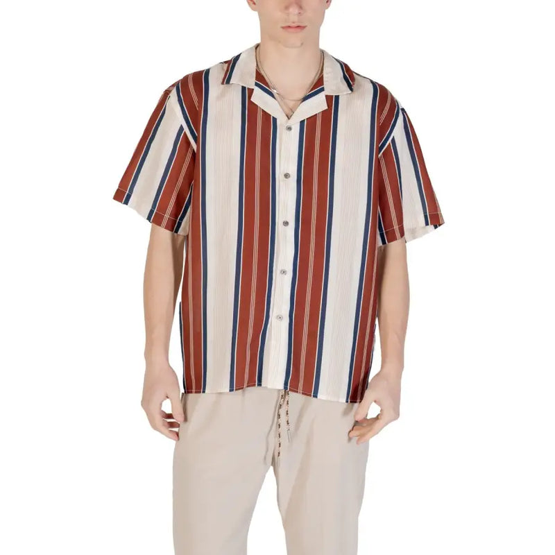 Men’s short-sleeve collared linen shirt with red, white, and navy blue vertical stripes