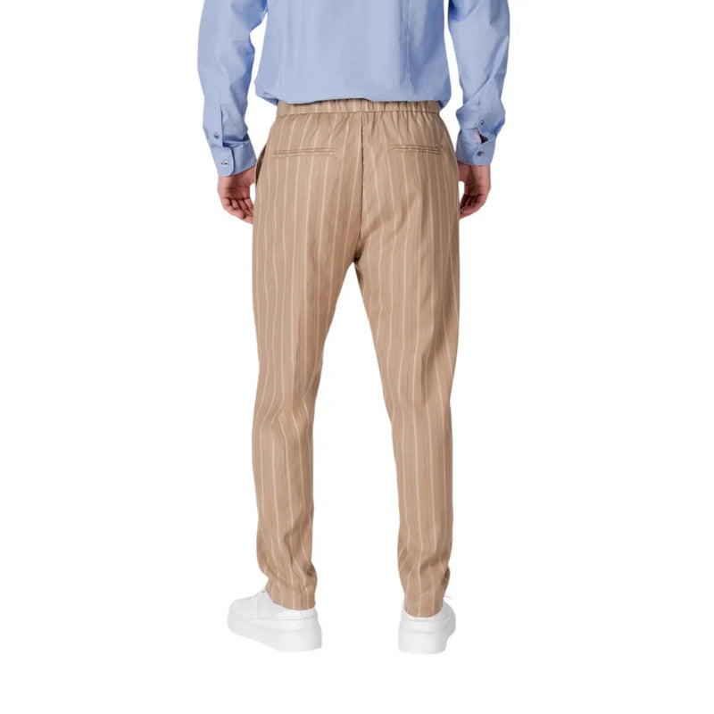 Gianni Lupo men’s beige pinstripe trousers with elastic waistband relaxed fit laces and pockets