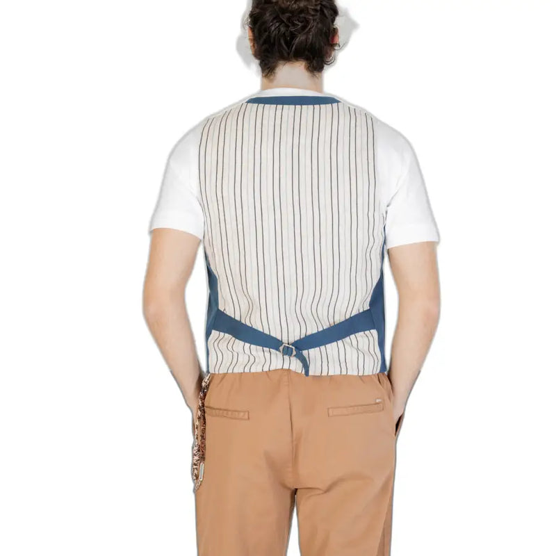 Gianni lupo men’s blue cotton sleeveless v-neck gilet in white and navy pinstripe with matching belt over short-sleeved shirt