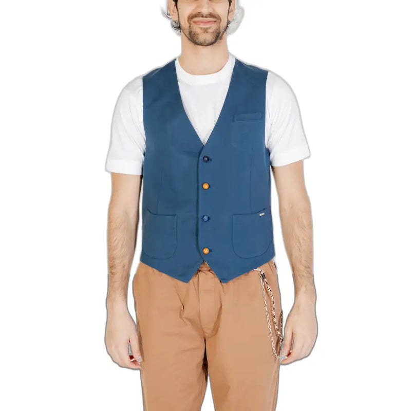 Gianni Lupo men’s navy blue cotton sleeveless v-neck gilet with two front pockets and side chain detail