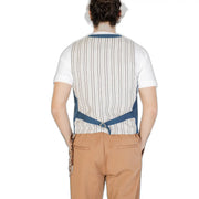Gianni lupo men’s blue cotton sleeveless v-neck gilet in white and navy pinstripe with matching belt over short-sleeved shirt