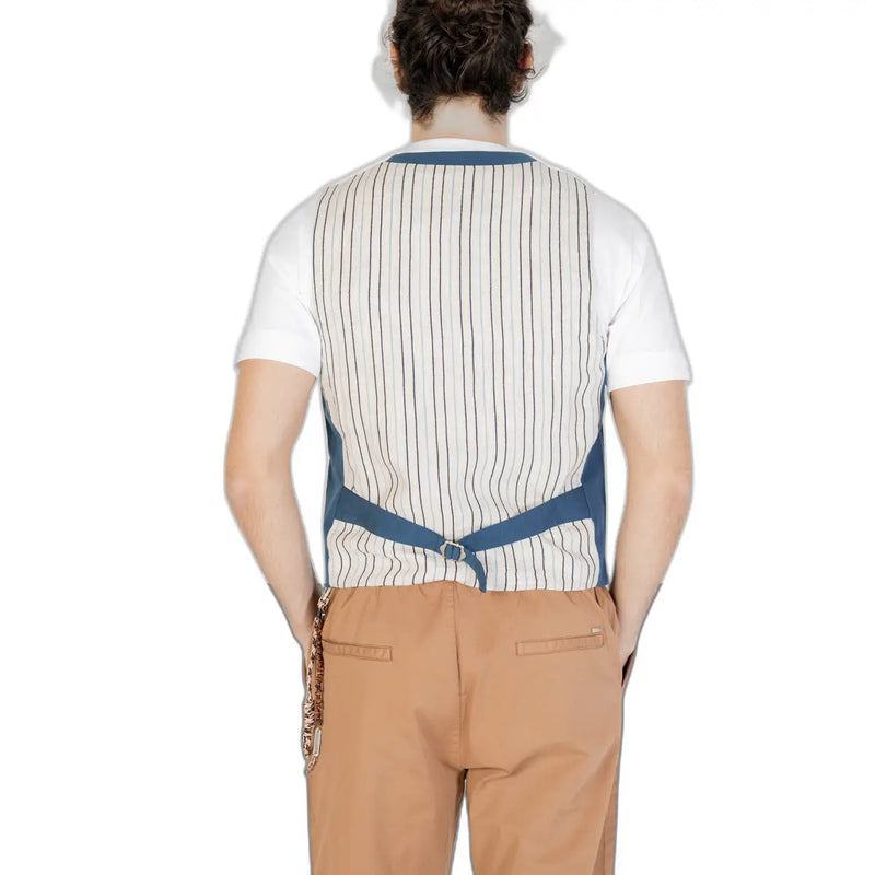 Gianni lupo men’s blue cotton sleeveless v-neck gilet in white and navy pinstripe with matching belt over short-sleeved shirt