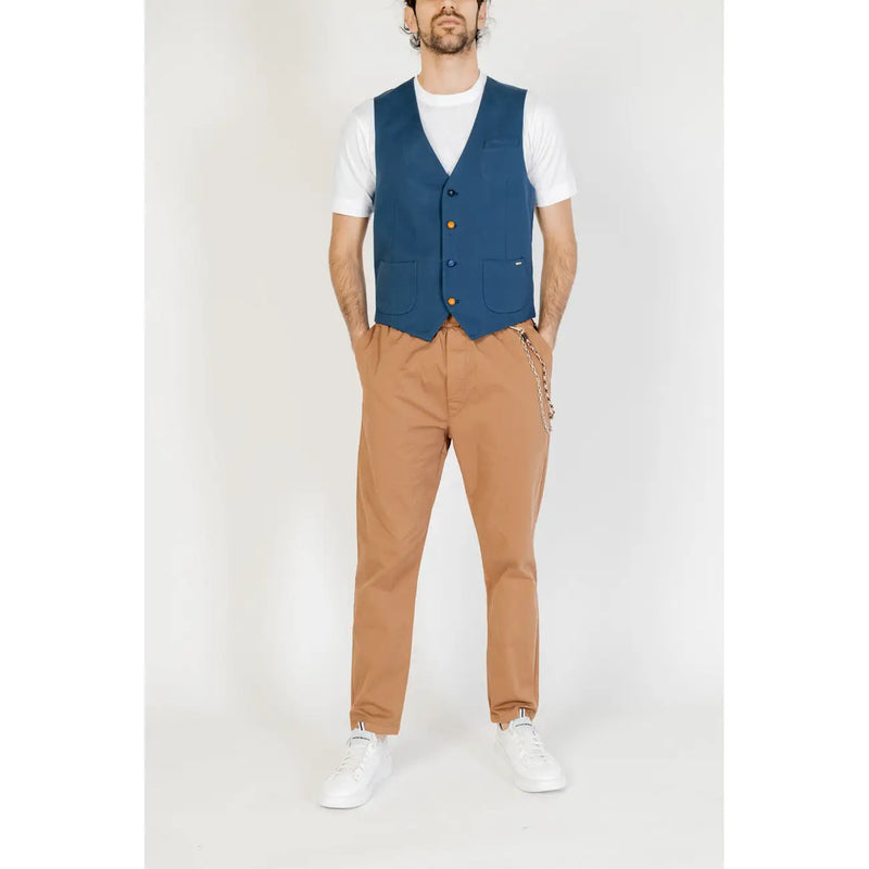 Gianni Lupo men’s navy blue cotton sleeveless v-neck gilet with gold-tone buttons and two front pockets