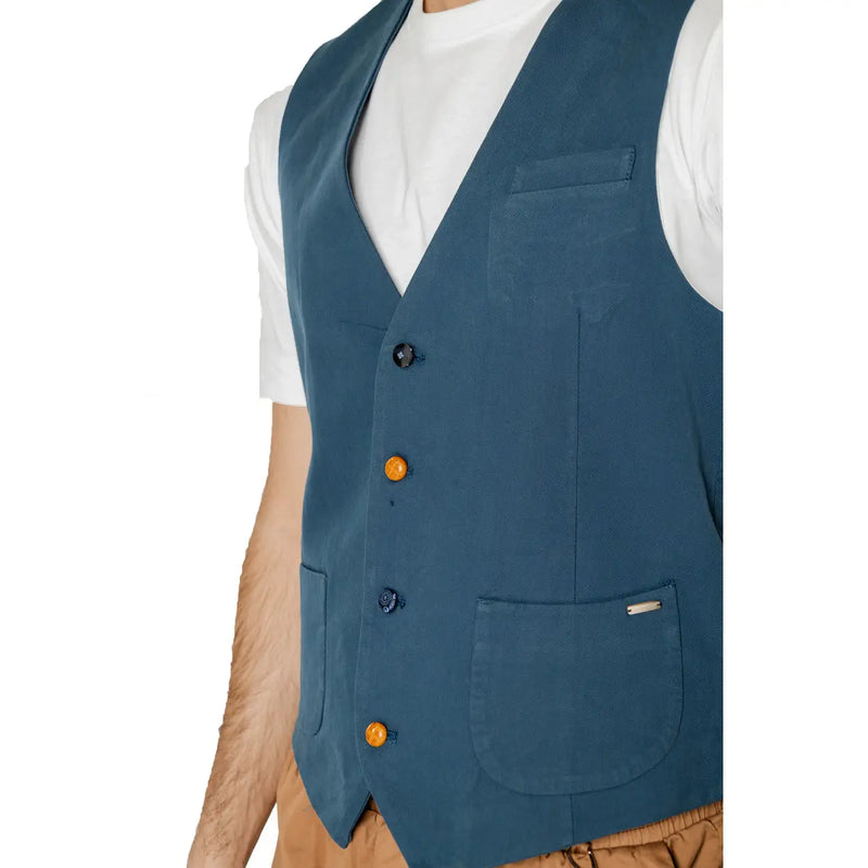 Gianni lupo men’s blue cotton sleeveless v-neck gilet with teal color orange and dark blue buttons chest and side pockets