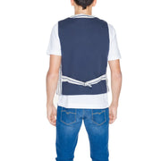 Navy blue sleeveless cotton vest by Gianni Lupo with white and gray striped trim at neckline waistband and seams