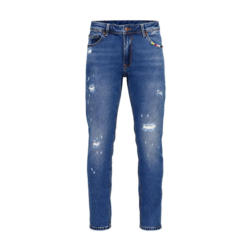 Gianni Lupo Schmal geschnittene Jeans BRUCE für Herren aus blauem Denim mit Used-Look-Details und Rissen, Vorderansicht
