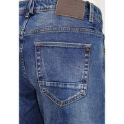 Gianni Lupo Bruce Slim-Fit-Jeans für Herren aus blauem Denim mit braunem Lederpatch und farblich passenden Nähten, Rückansicht