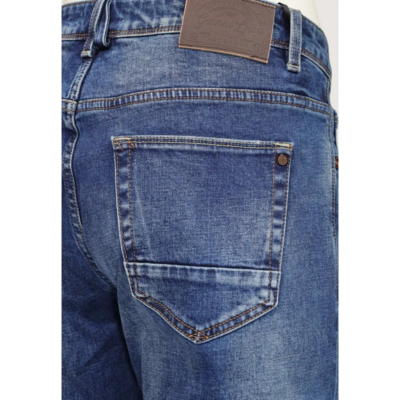 Gianni Lupo Bruce Slim-Fit-Jeans für Herren aus blauem Denim mit braunem Lederpatch und farblich passenden Nähten, Rückansicht