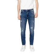 Gianni Lupo Slim-Fit-Jeans von BRUCE für Herren aus blauem Denim mit Used-Look und farbigem Markenetikett, Rückansicht