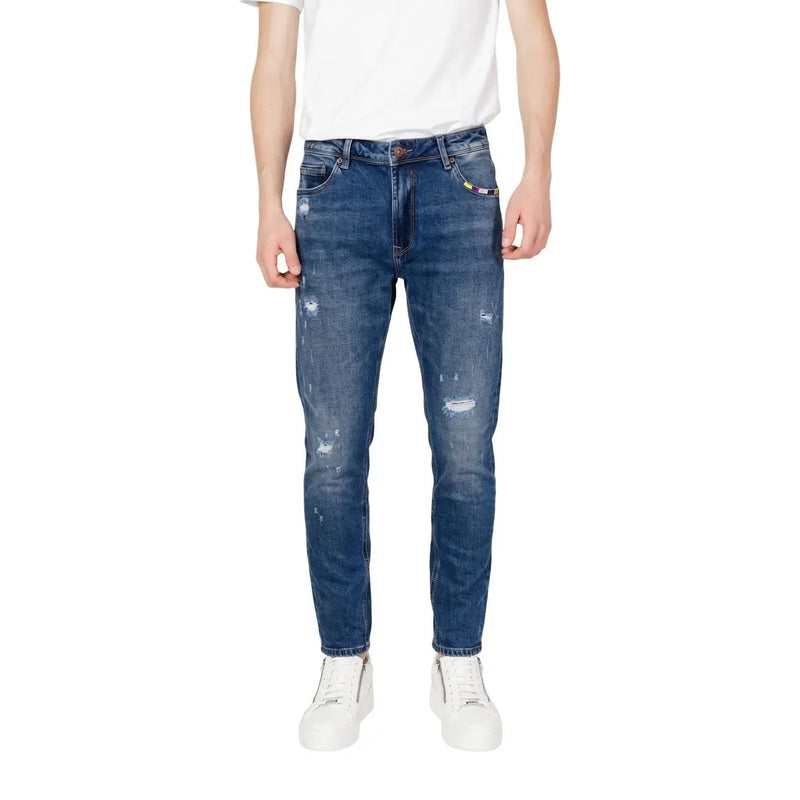 Gianni Lupo Slim-Fit-Jeans von BRUCE für Herren aus blauem Denim mit Used-Look und farbigem Markenetikett, Rückansicht
