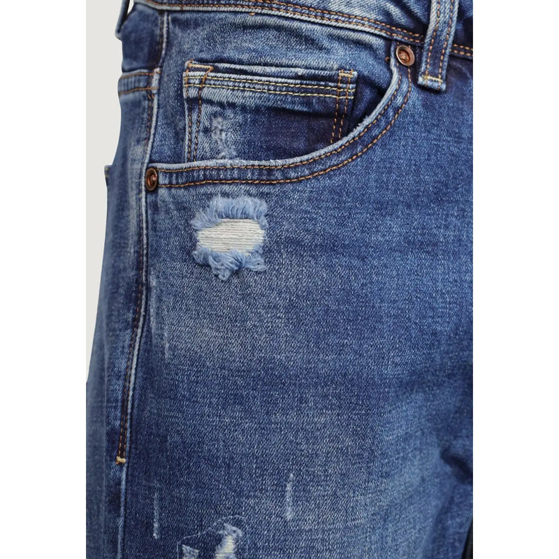 Gianni Lupo Bruce Slim-Fit-Jeans für Herren aus Used-Denim in Blau mit ausgefransten Rissen und braunen Nähten, Vorderansicht