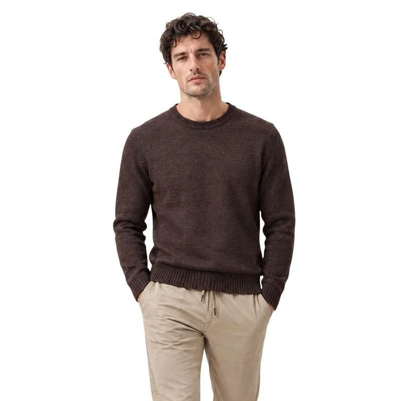 Gianni Lupo Herren-Girocollo-Pullover in Dunkelbraun mit strukturiertem Strickmuster und gerippten Bündchen und Saum, Vorderansicht