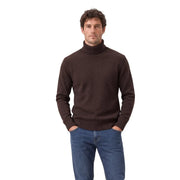 Gianni Lupo Rollkragenpullover für Herren in Dunkelbraun mit Rippstrick und Markenetikett am unteren linken Saum, Vorderansicht
