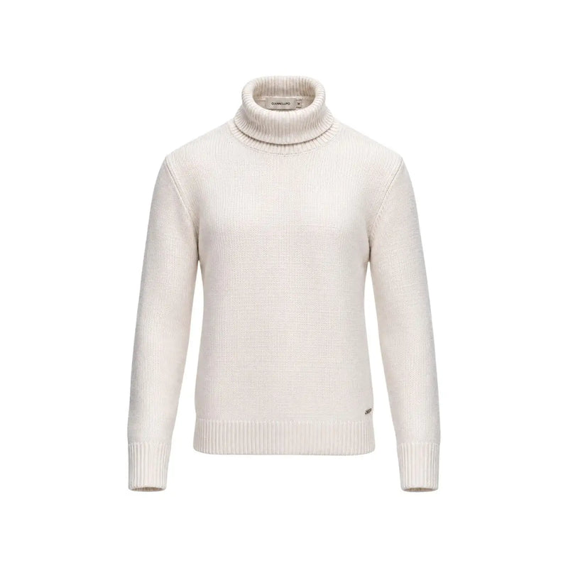 Gianni Lupo Rollkragenpullover für Herren in Creme mit Rippstrickstruktur und Markenetikett am Kragen, Vorderansicht