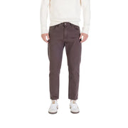 Brown straight-leg chinos with pockets and belt loops.