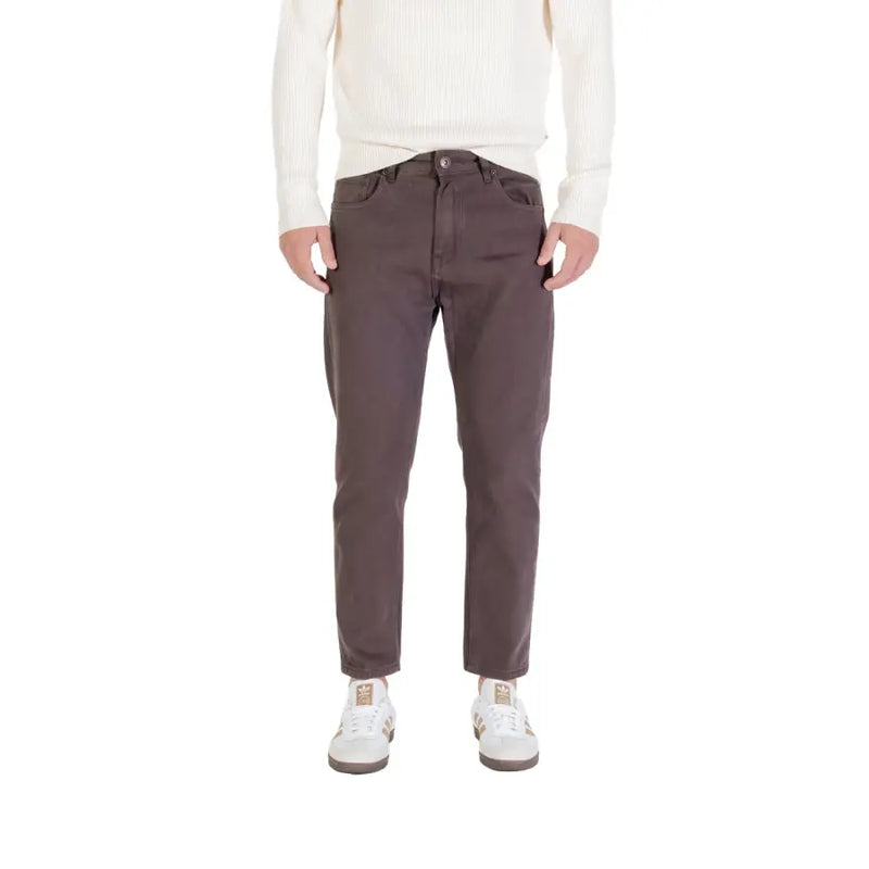 Brown straight-leg chinos with pockets and belt loops.