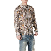 Gianni Lupo white floral mandarin collar shirt long-sleeved button-up with tropical jungle monkey leaf pattern on cream fabric