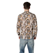 Gianni Lupo white floral mandarin collar men’s long-sleeved button-up shirt with tropical jungle pattern in earthy tones