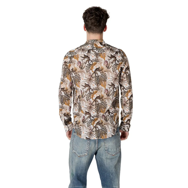 Gianni Lupo white floral mandarin collar men’s long-sleeved button-up shirt with tropical jungle pattern in earthy tones