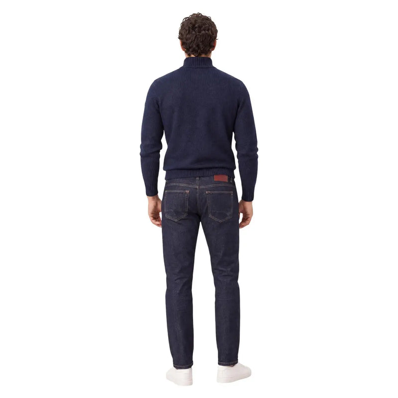 Gianni lupo Herren-Wollpullover in Marineblau mit schmal geschnittener Jeans und dezenten Ziernähten, Vorderansicht