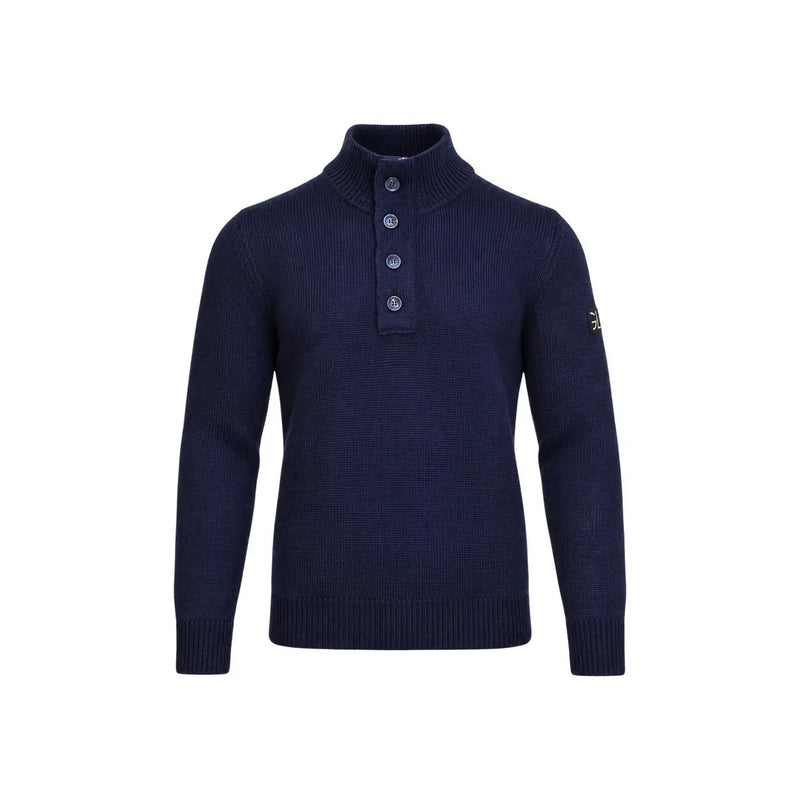 Gianni Lupo Herren-Wollpullover mit halbem Reißverschluss in marineblauem Rippstrick mit vier Knöpfen, Vorderansicht