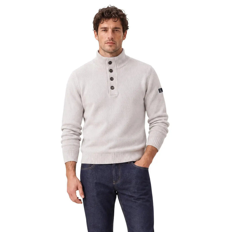 Gianni Lupo Herren-Wollpullover in Hellgrau mit Rippstrick und halben Reißverschlusskragen, Vorderansicht
