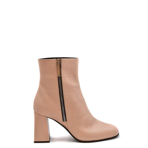 Giuseppe Zanotti beige crocodile-embossed leather ankle boots with block heel and gold-tone zipper detail
