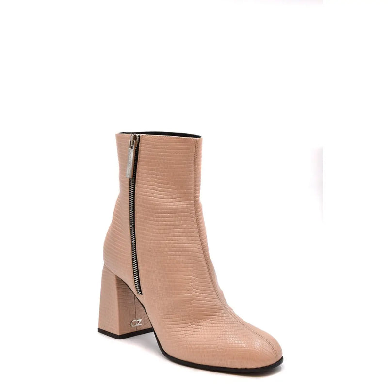 Giuseppe Zanotti beige leather ankle boots with lizard-embossed texture, chunky block heel, and silver zipper