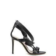 Schwarze Ledersandalen von Giuseppe Zanotti mit Stilettoabsatz, schmalem Absatz, gekreuzten Knöchelriemen und Reißverschluss.