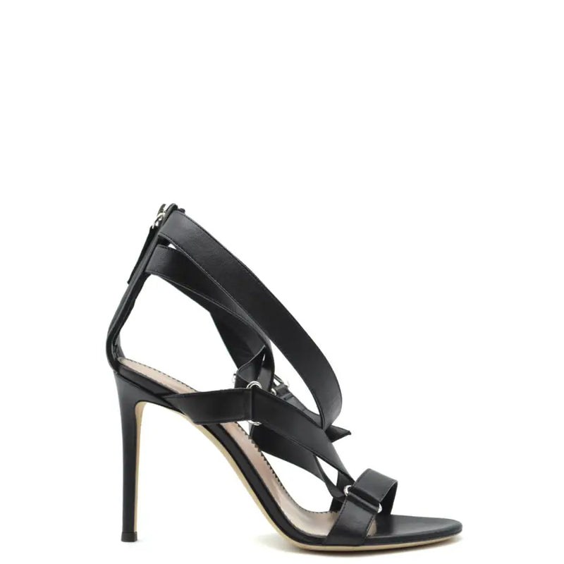 Schwarze Ledersandalen von Giuseppe Zanotti mit Stilettoabsatz, schmalem Absatz, gekreuzten Knöchelriemen und Reißverschluss.