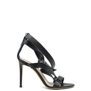 Giuseppe Zanotti black leather stiletto sandals with slender heel and crisscross ankle straps with zip closure