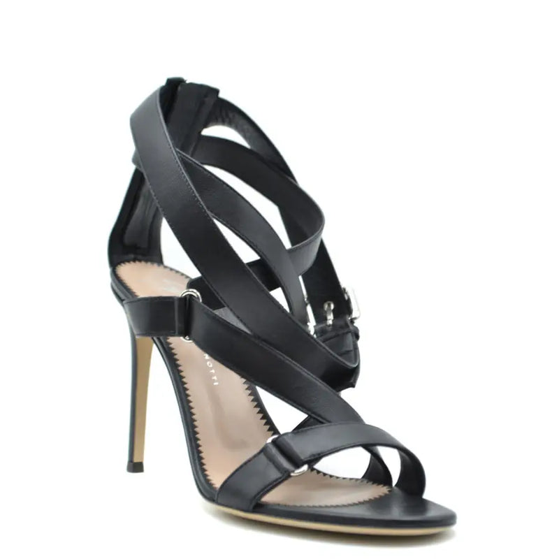 Schwarze Stiletto-Sandalen aus Leder von Giuseppe Zanotti mit schmalen Riemchen, silberfarbenen Schnallen und Reißverschluss.