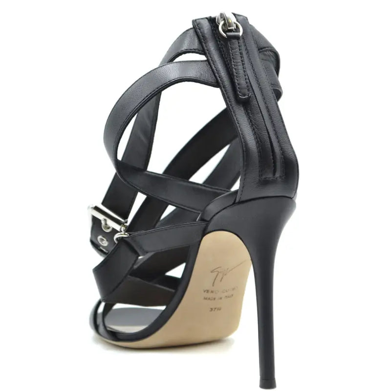 Schwarze Stiletto-Sandalen von Giuseppe Zanotti aus Leder mit silbernem Reißverschluss und Schnallendetails, Riemchen-High-Heel-Design