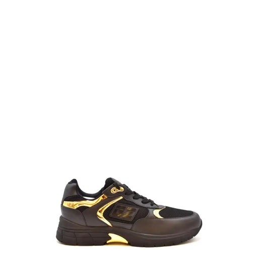 Black and gold sneaker with chunky sole, leather material.