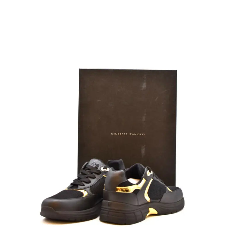 Giuseppe Zanotti black nylon leather sneakers for men with gold accents, mesh upper, and chunky sole