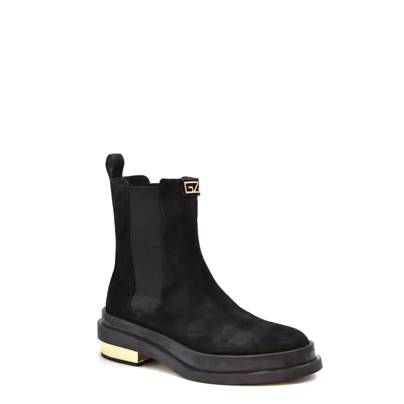 Giuseppe Zanotti black suede Chelsea ankle boots with gold logo and metallic heel