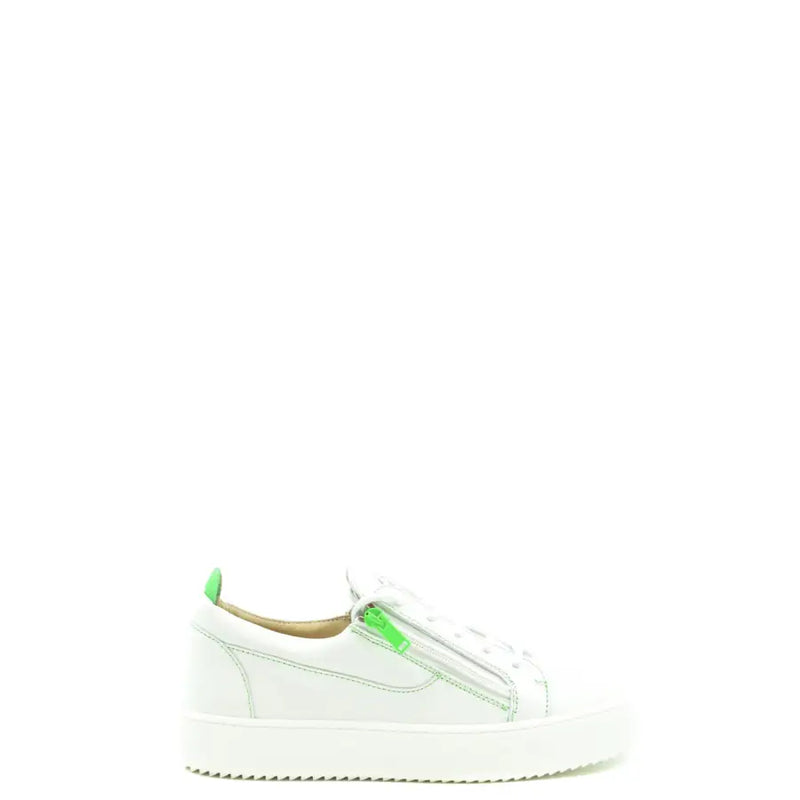 Weißer Leder-Sneaker zum Hineinschlüpfen mit neongrünem Reißverschluss und Fersenlasche von Giuseppe Zanotti, Herren-Leder-Sneaker mit Reißverschluss V25114