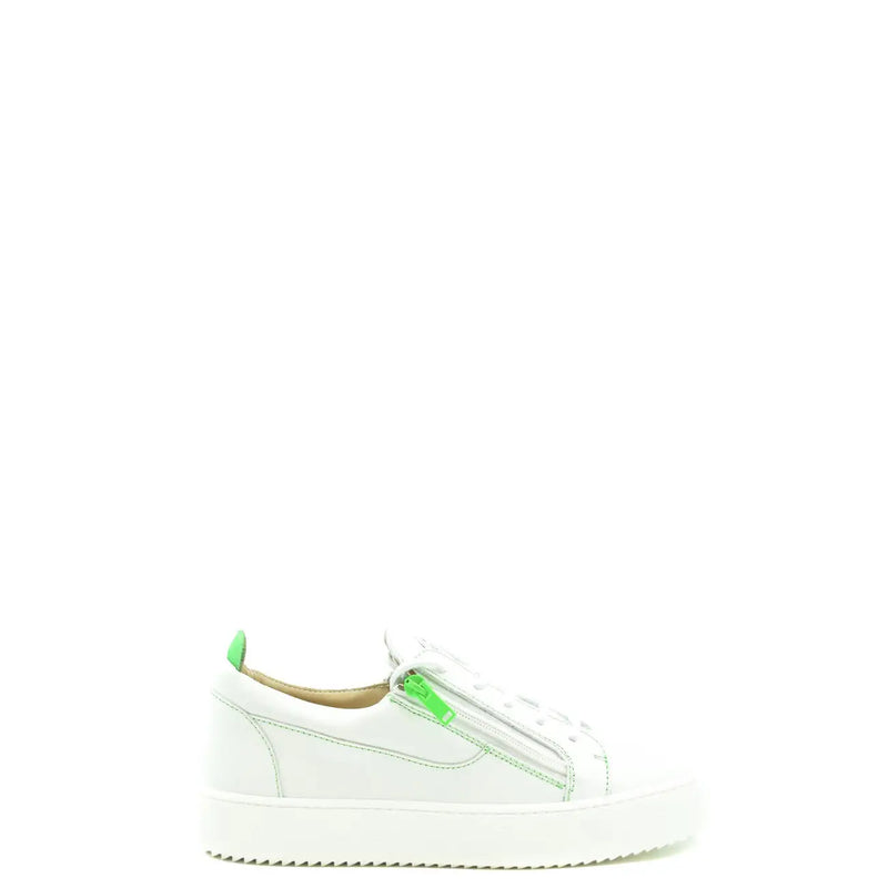 White leather slip-on sneaker with neon green zipper and heel tab by Giuseppe Zanotti men leather zip sneakers V25114