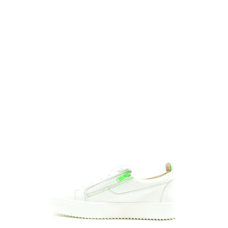 Weiße Herren-Sneaker von Giuseppe Zanotti aus Leder mit Reißverschluss, neongrünem Reißverschlussdetail und klobiger weißer Sohle