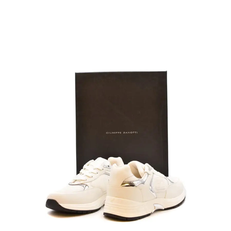 Cream-colored Giuseppe Zanotti slip on sneakers with white leather nylon upper silver metallic accents and chunky sole