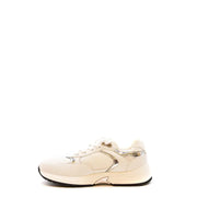 Giuseppe Zanotti white leather nylon slip-on sneakers with cream color, silver accents, and chunky sole
